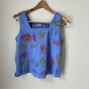 Fresh produce cotton fish print tank top square neck blue small